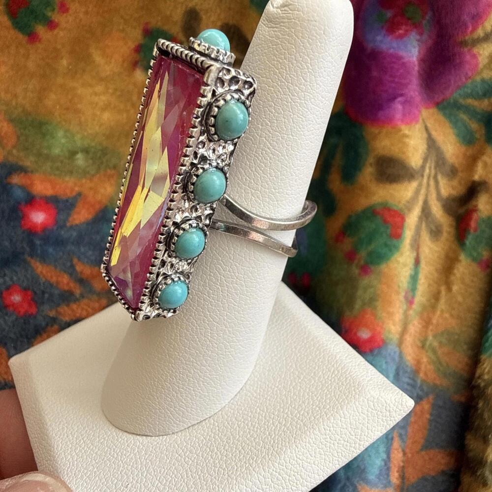 NWT Western Cowgirl Pink Bling Gemstone Glass Crystal Stone Bar Cuff Ring - Picture 2 of 3